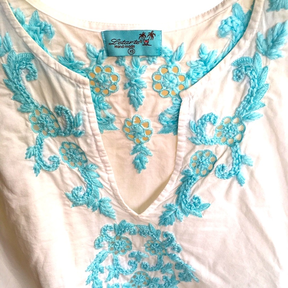 Letarte Baby Blue and white Beach Cover Up with Pom Poms